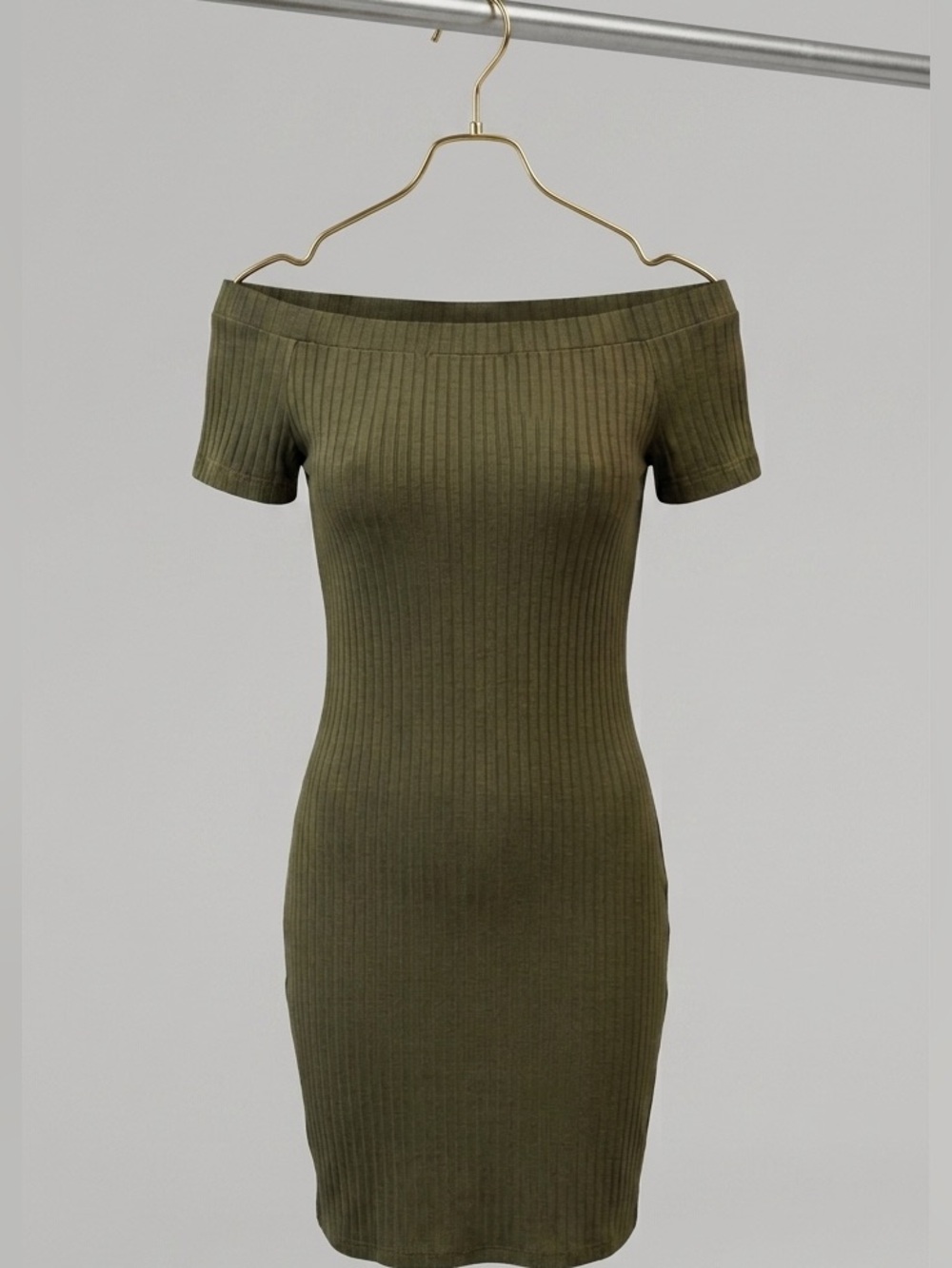 Ambiance Olive Off-Shoulder Ribbed Knit Dress
